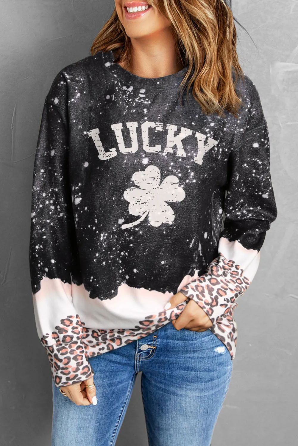 Black LUCKY Clover Leopard Bleached Graphic Sweatshirt