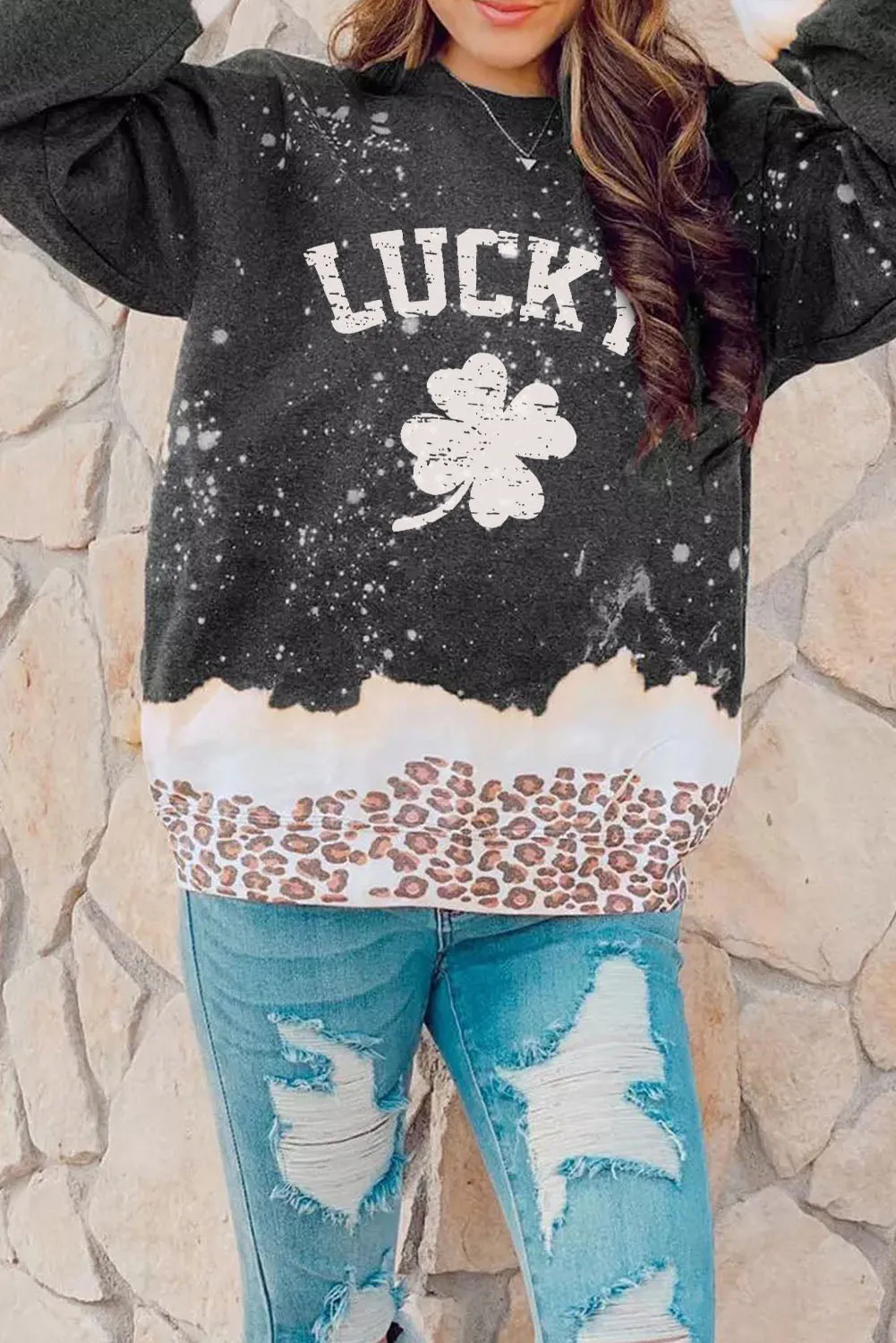 Black LUCKY Clover Leopard Bleached Graphic Sweatshirt