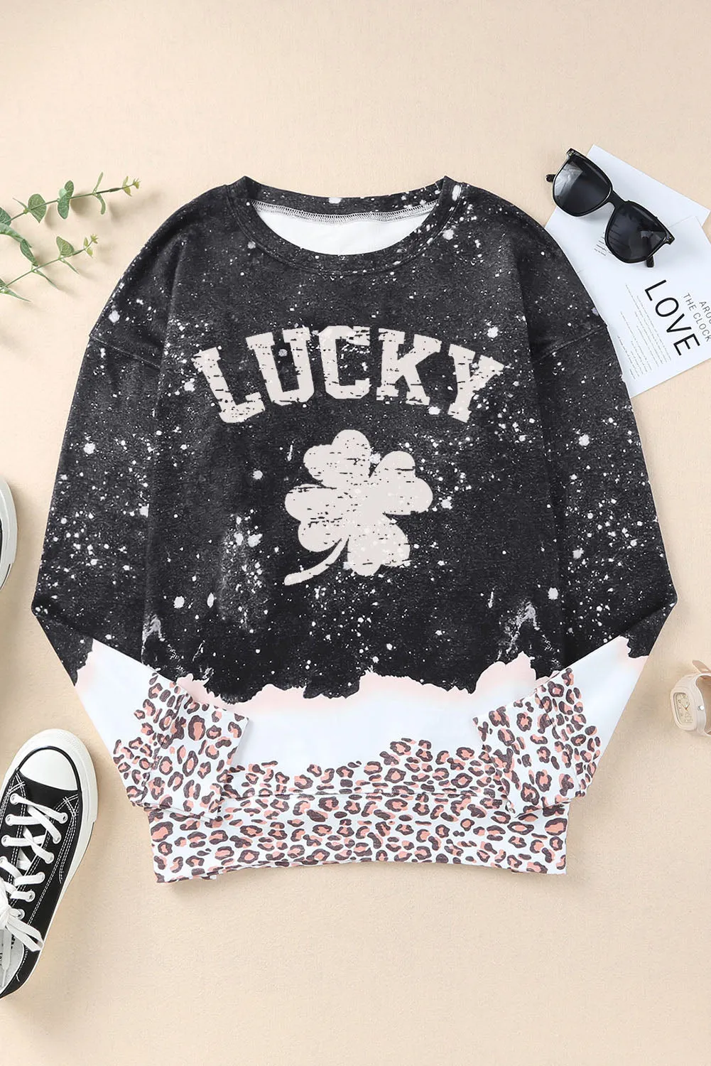 Black LUCKY Clover Leopard Bleached Graphic Sweatshirt
