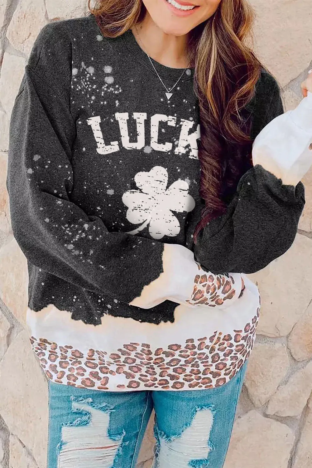 Black LUCKY Clover Leopard Bleached Graphic Sweatshirt