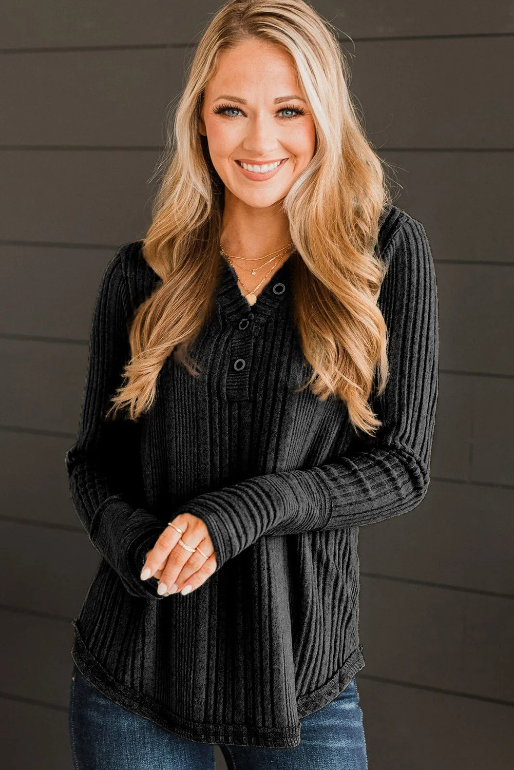 Black V Neck Buttoned Ribbed Knit Top