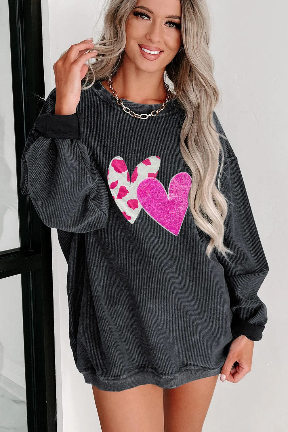 Black Valentines Double Heart Sequin Graphic Corded Sweatshirt