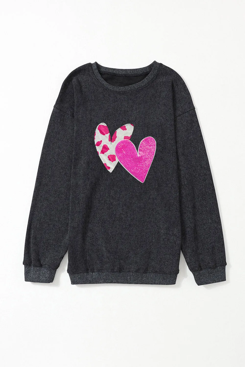 Black Valentines Double Heart Sequin Graphic Corded Sweatshirt