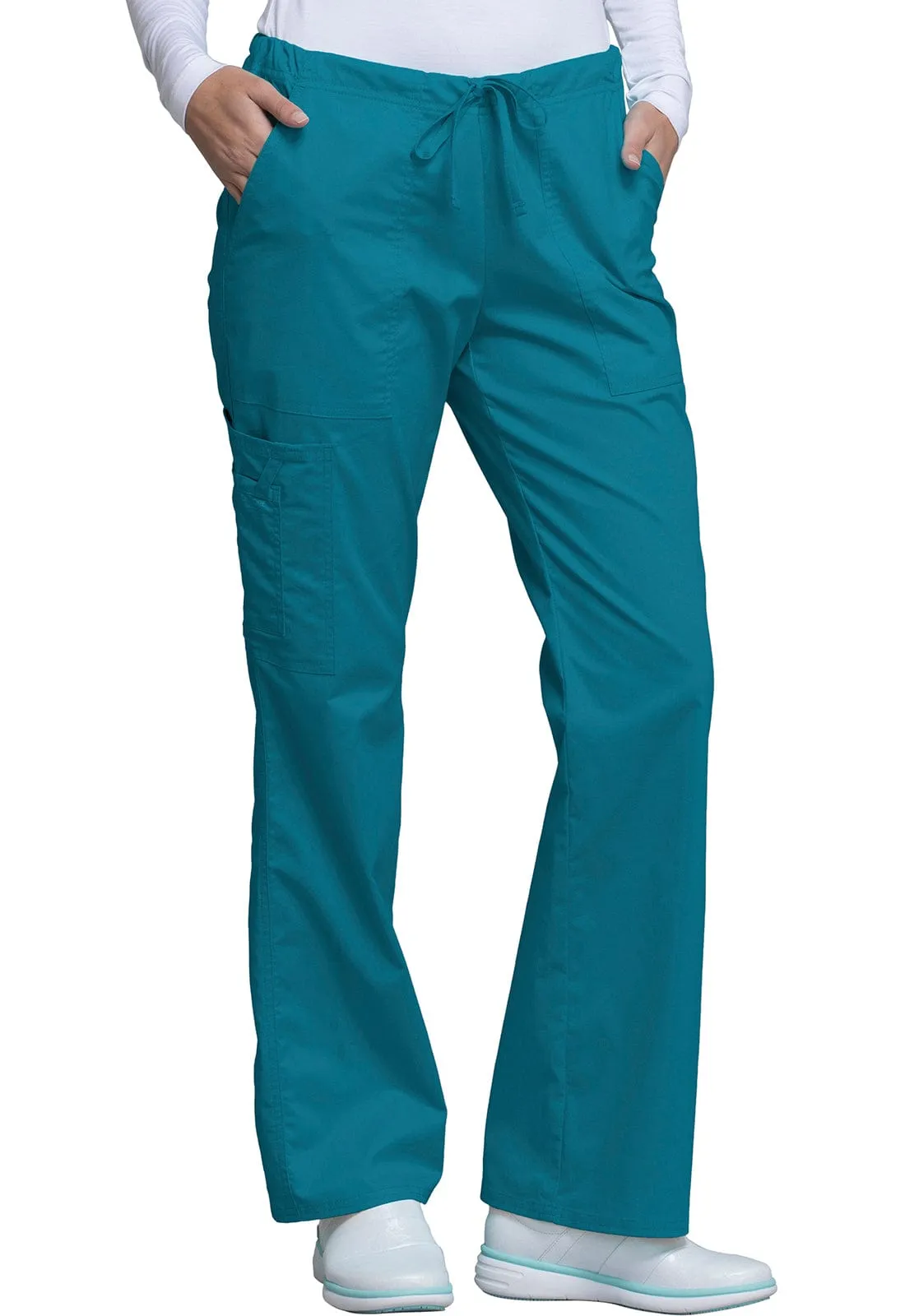 Cherokee Workwear Core Stretch 4044 Scrubs Pants Womens Mid Rise Drawstring Cargo Caribbean Blue