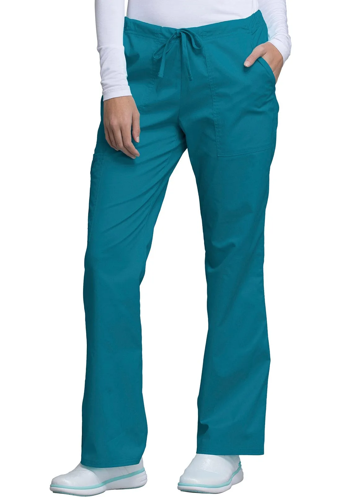 Cherokee Workwear Core Stretch 4044 Scrubs Pants Womens Mid Rise Drawstring Cargo Caribbean Blue