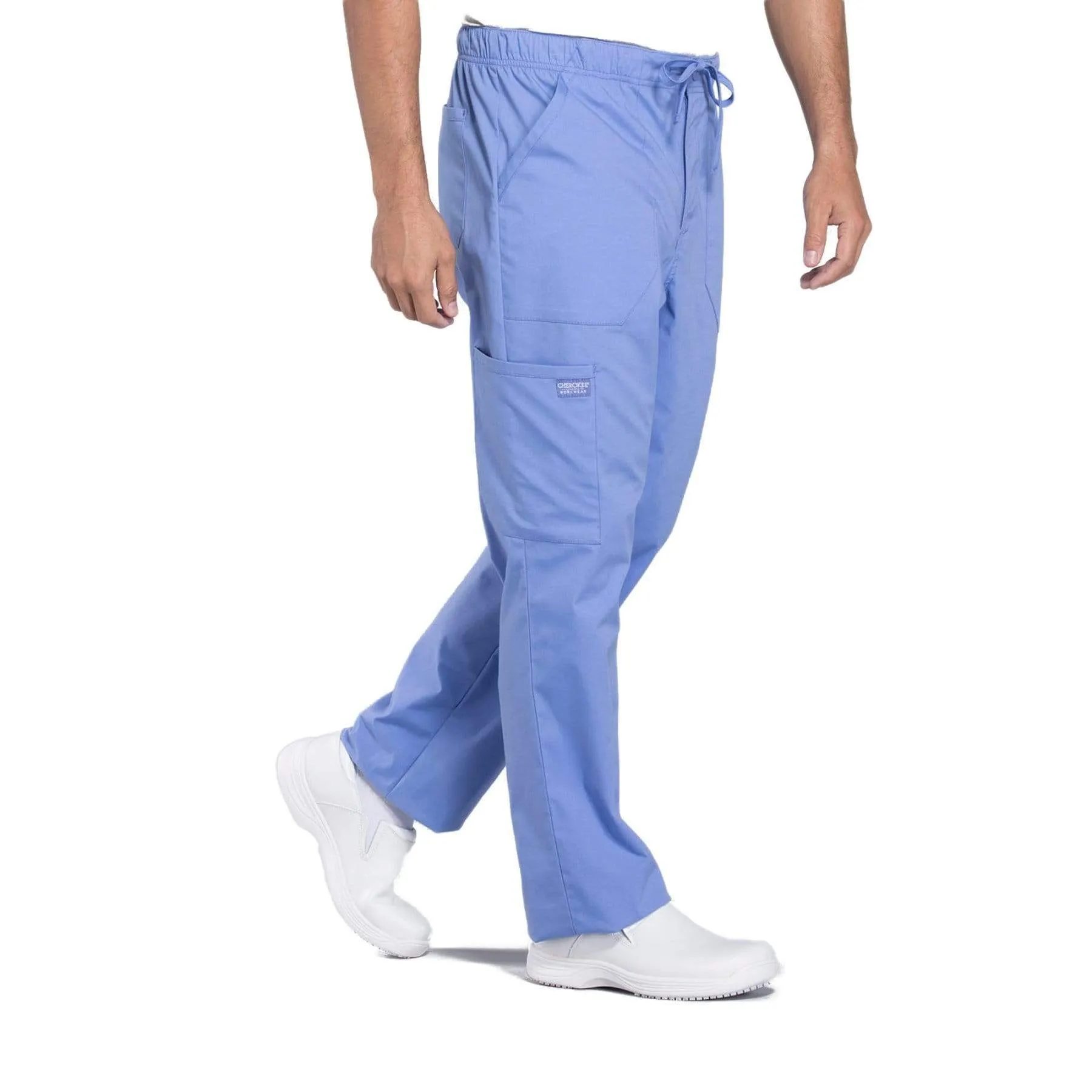 Cherokee Workwear Professionals WW190 Scrubs Pants Mens Tapered Leg Drawstring Cargo Ceil Blue
