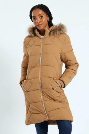 Chevron Quilted Puffer With Detachable Tonal Fur Hood - Chestnut