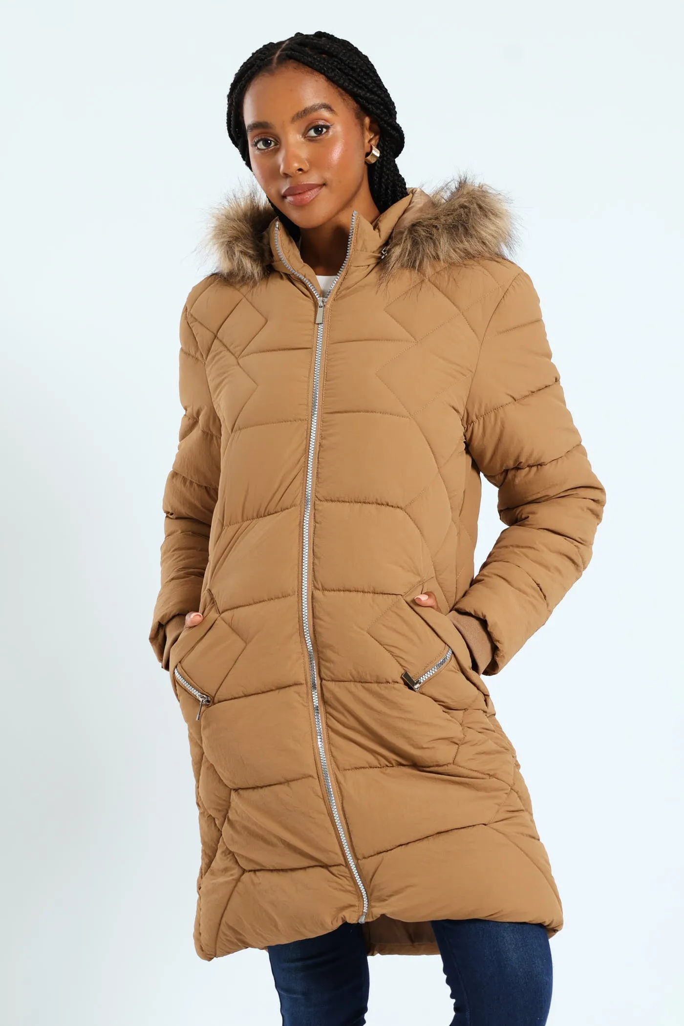 Chevron Quilted Puffer With Detachable Tonal Fur Hood - Chestnut