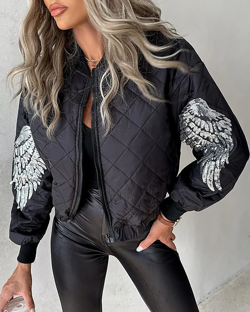 Contrast Sequin Angel Wings Pattern Quilted Puffer Jacket
