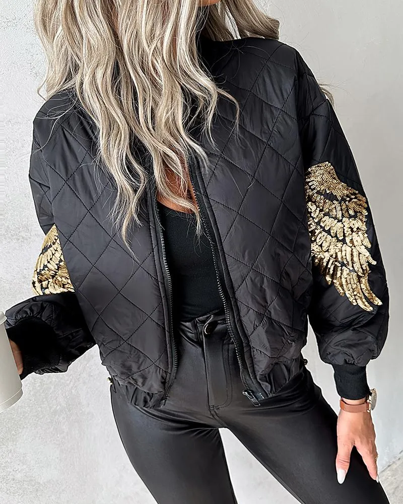 Contrast Sequin Angel Wings Pattern Quilted Puffer Jacket
