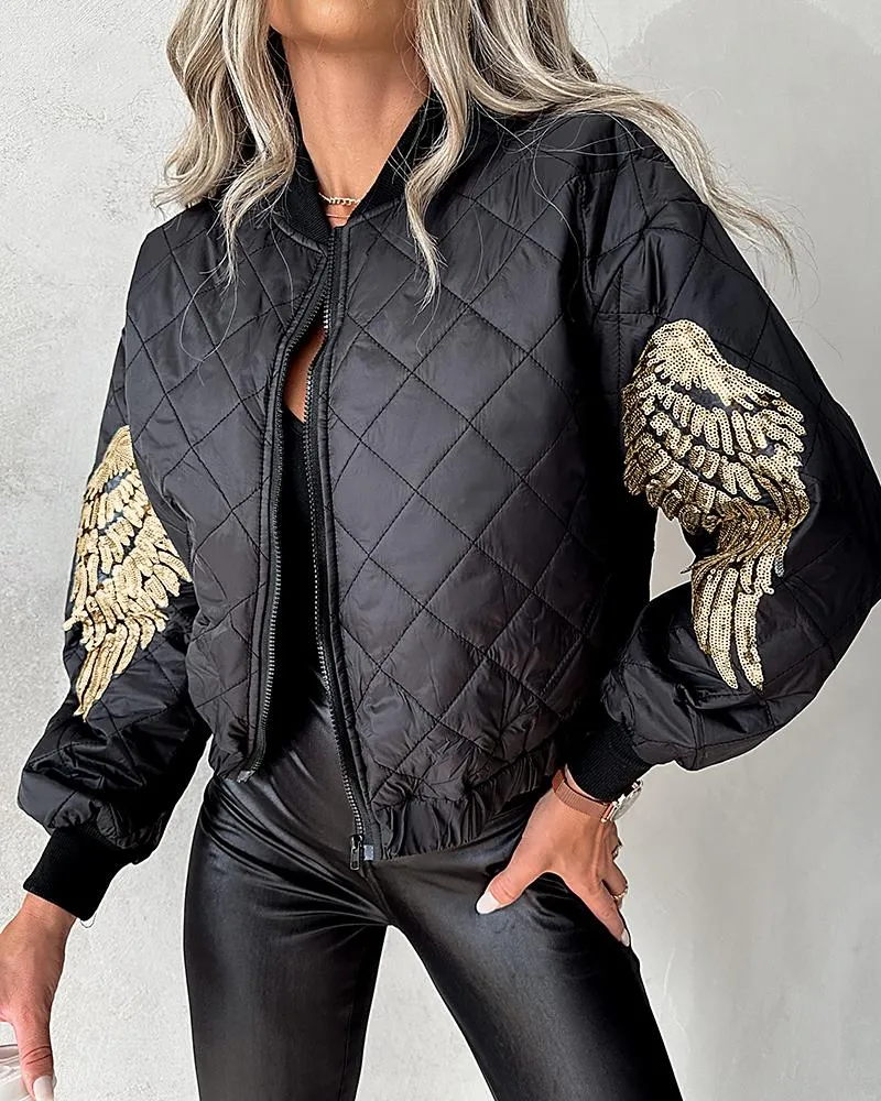 Contrast Sequin Angel Wings Pattern Quilted Puffer Jacket