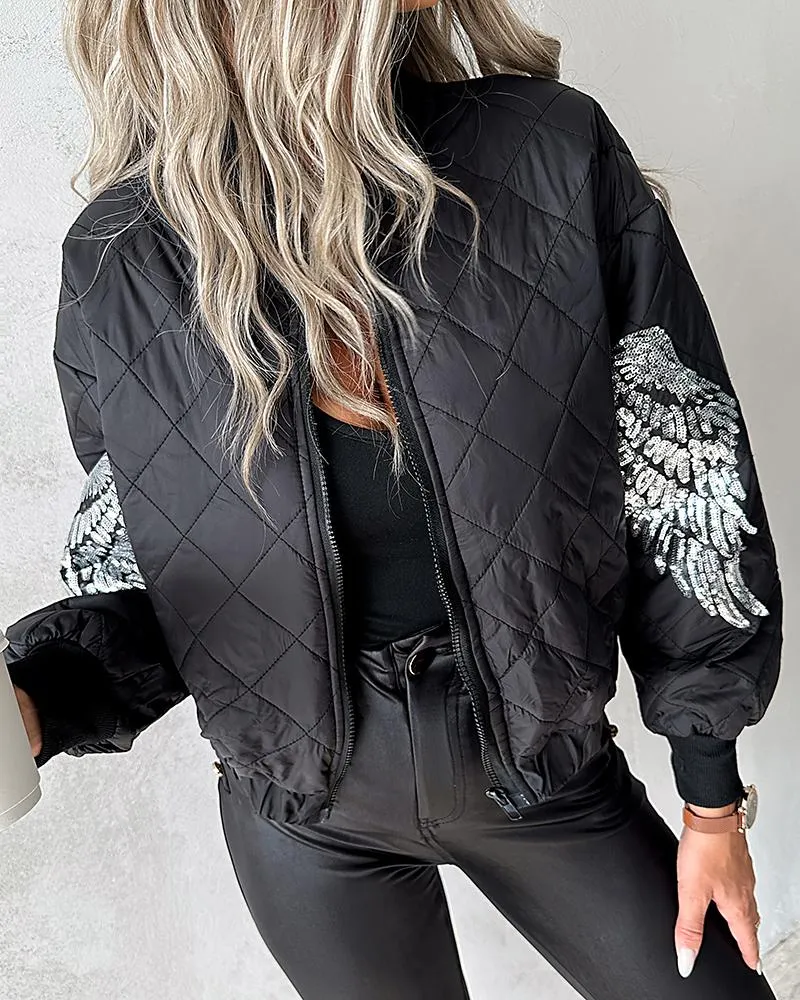 Contrast Sequin Angel Wings Pattern Quilted Puffer Jacket