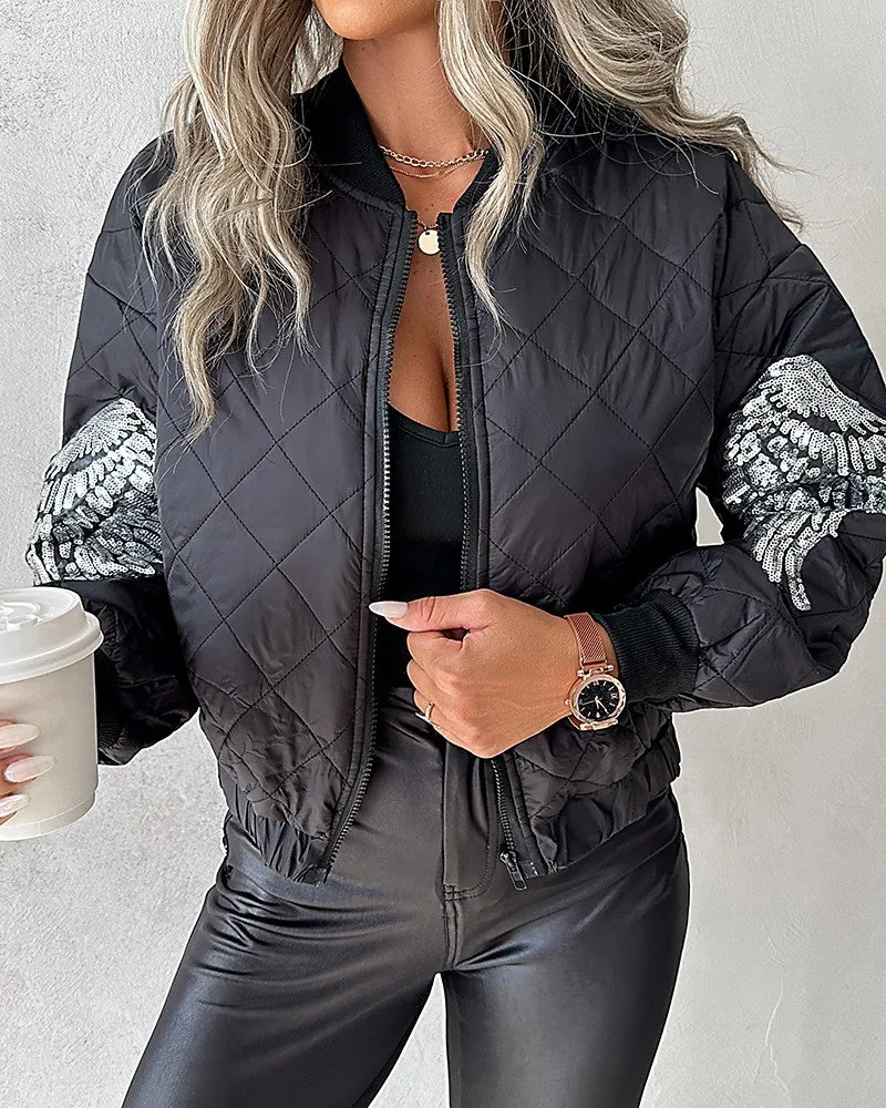 Contrast Sequin Angel Wings Pattern Quilted Puffer Jacket