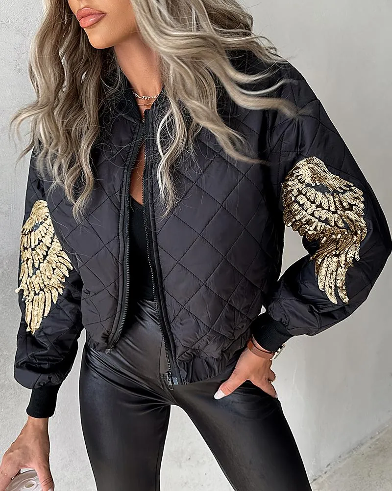 Contrast Sequin Angel Wings Pattern Quilted Puffer Jacket
