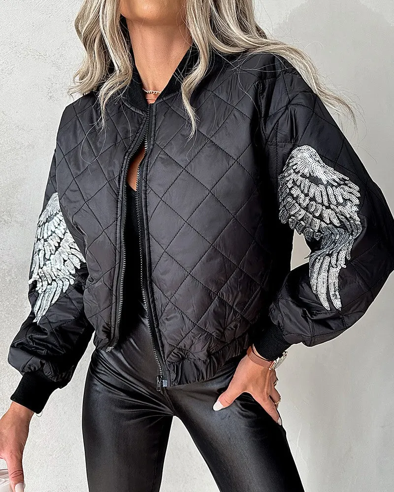 Contrast Sequin Angel Wings Pattern Quilted Puffer Jacket