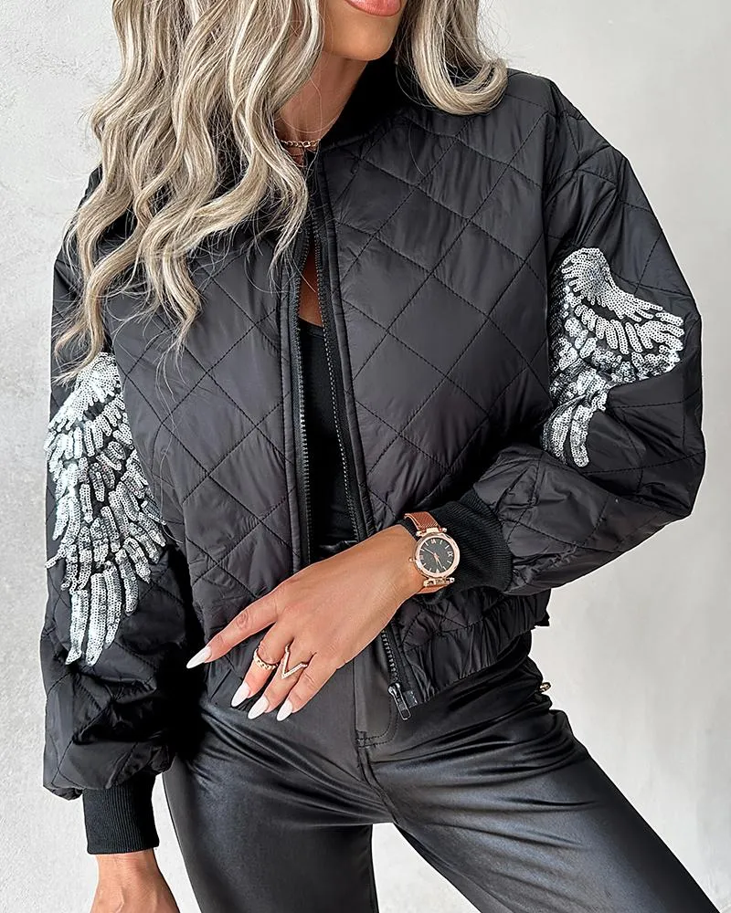Contrast Sequin Angel Wings Pattern Quilted Puffer Jacket