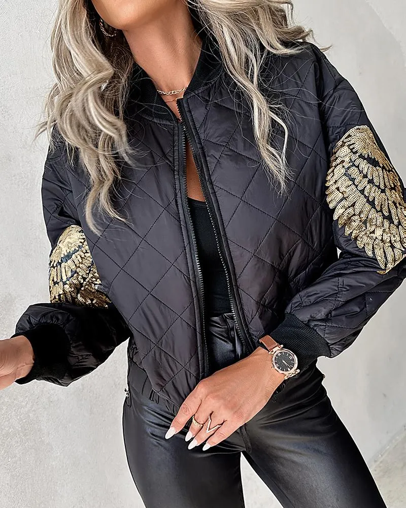 Contrast Sequin Angel Wings Pattern Quilted Puffer Jacket