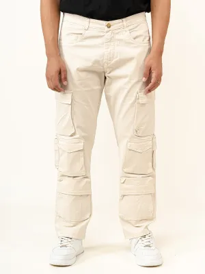 Cream Flared Straight Fit Cargo Pants