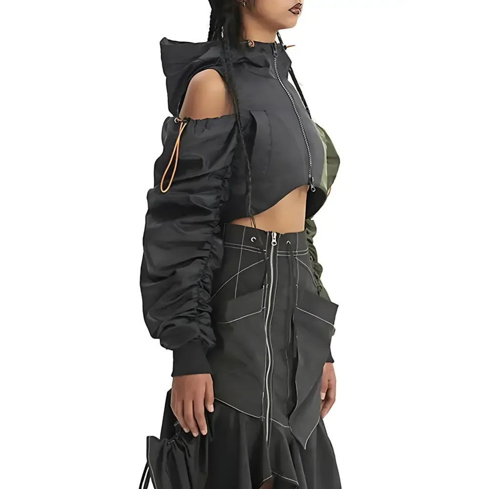 Cropped Cyberpunk Aesthetic Puffer Jacket with Double Zip Fastening