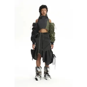 Cropped Cyberpunk Aesthetic Puffer Jacket with Double Zip Fastening