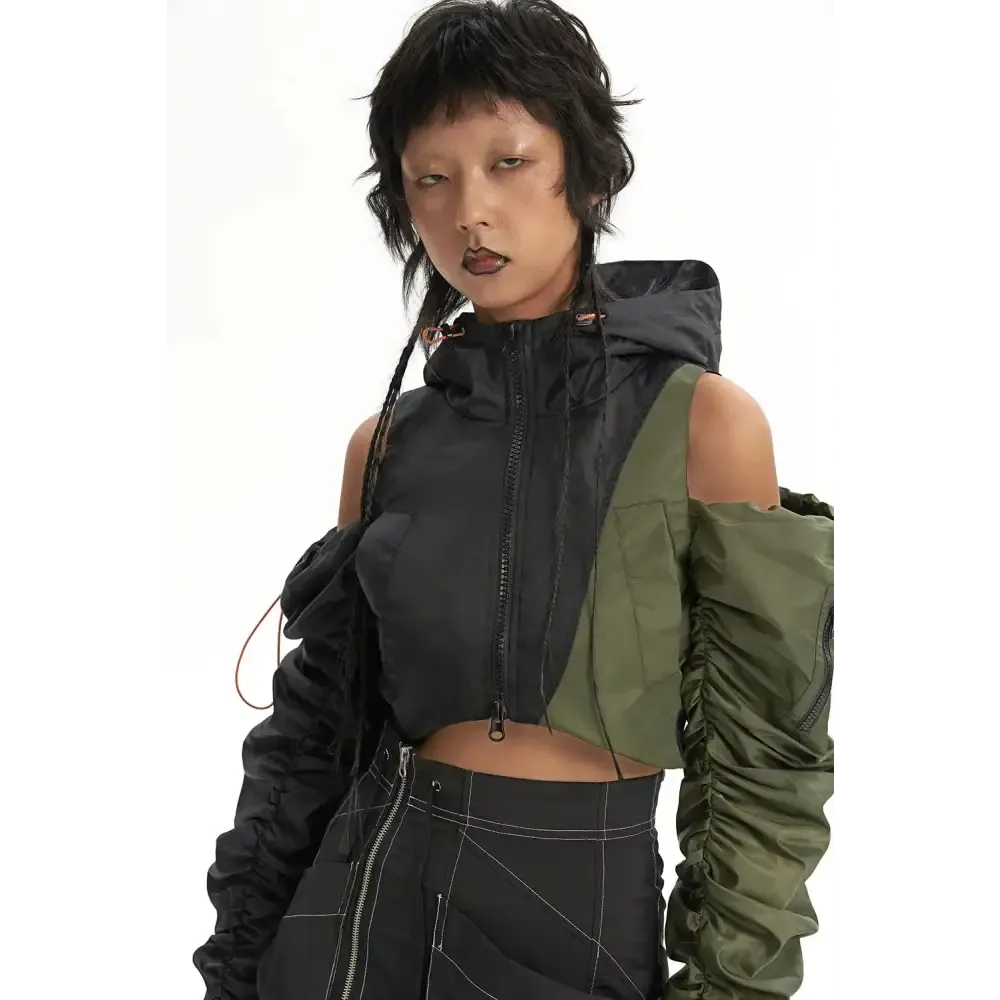 Cropped Cyberpunk Aesthetic Puffer Jacket with Double Zip Fastening
