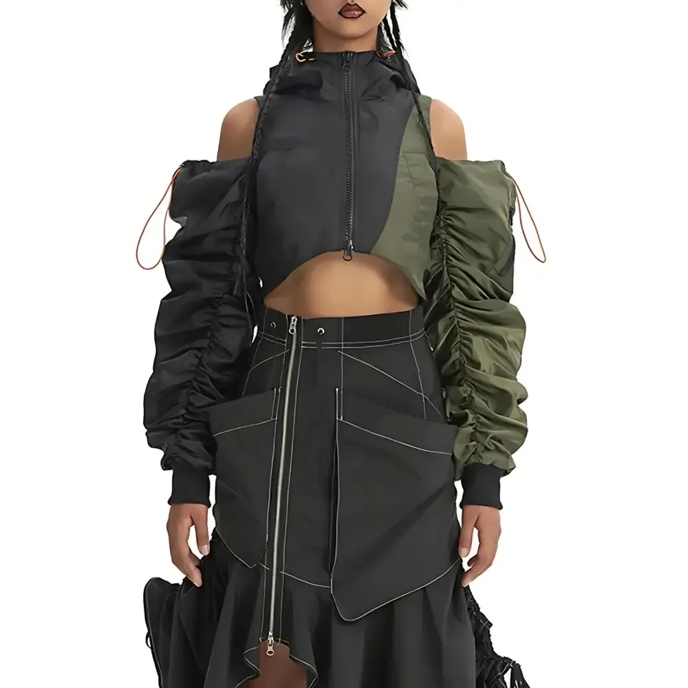 Cropped Cyberpunk Aesthetic Puffer Jacket with Double Zip Fastening