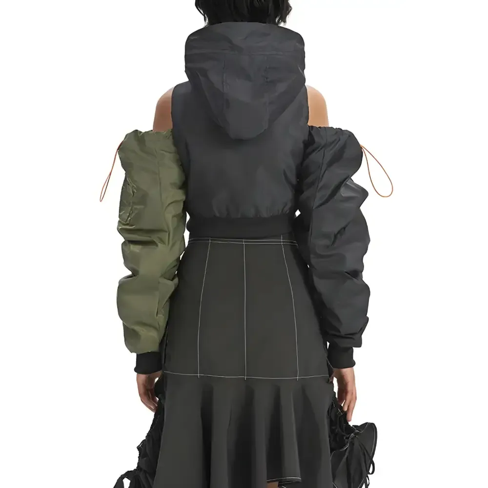 Cropped Cyberpunk Aesthetic Puffer Jacket with Double Zip Fastening