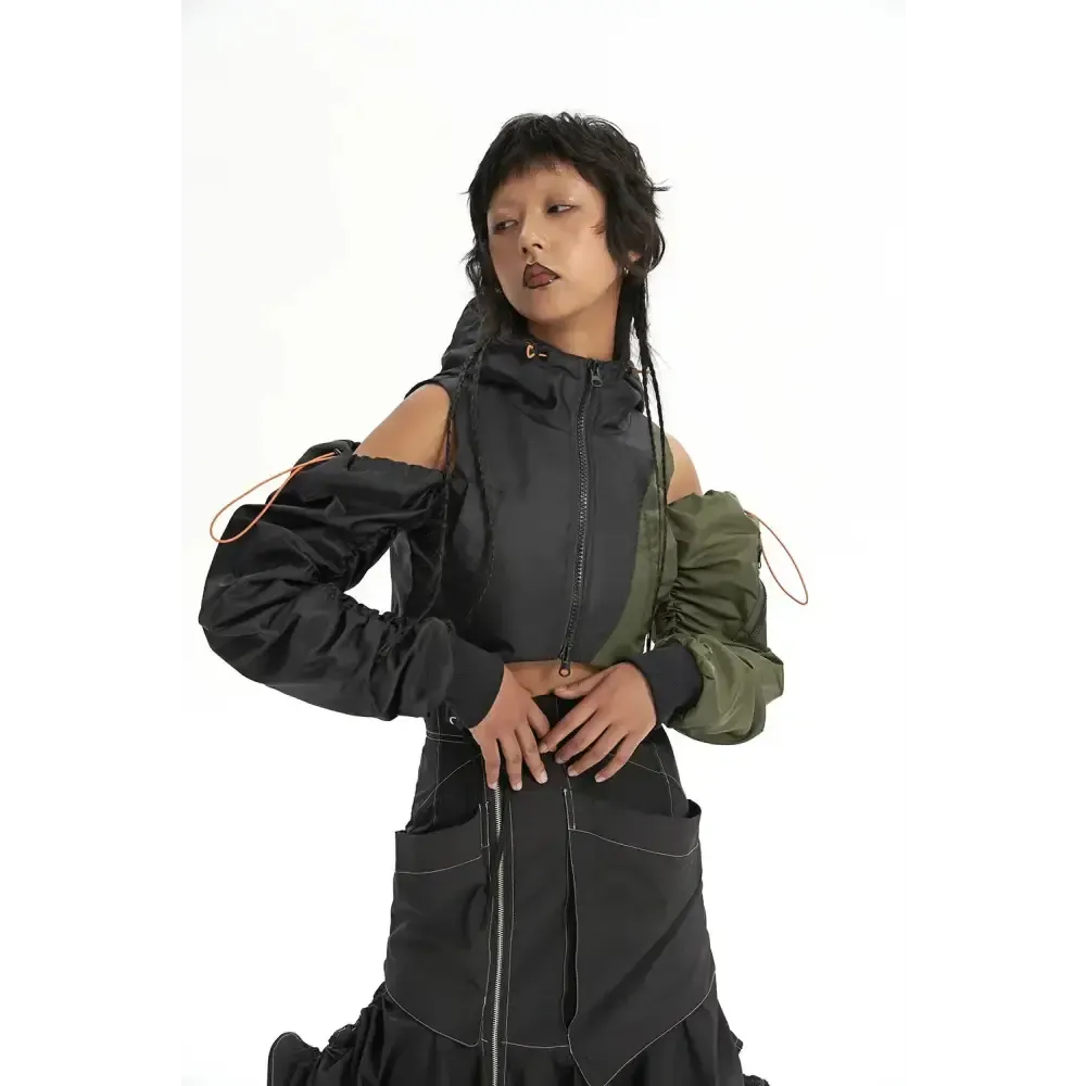 Cropped Cyberpunk Aesthetic Puffer Jacket with Double Zip Fastening