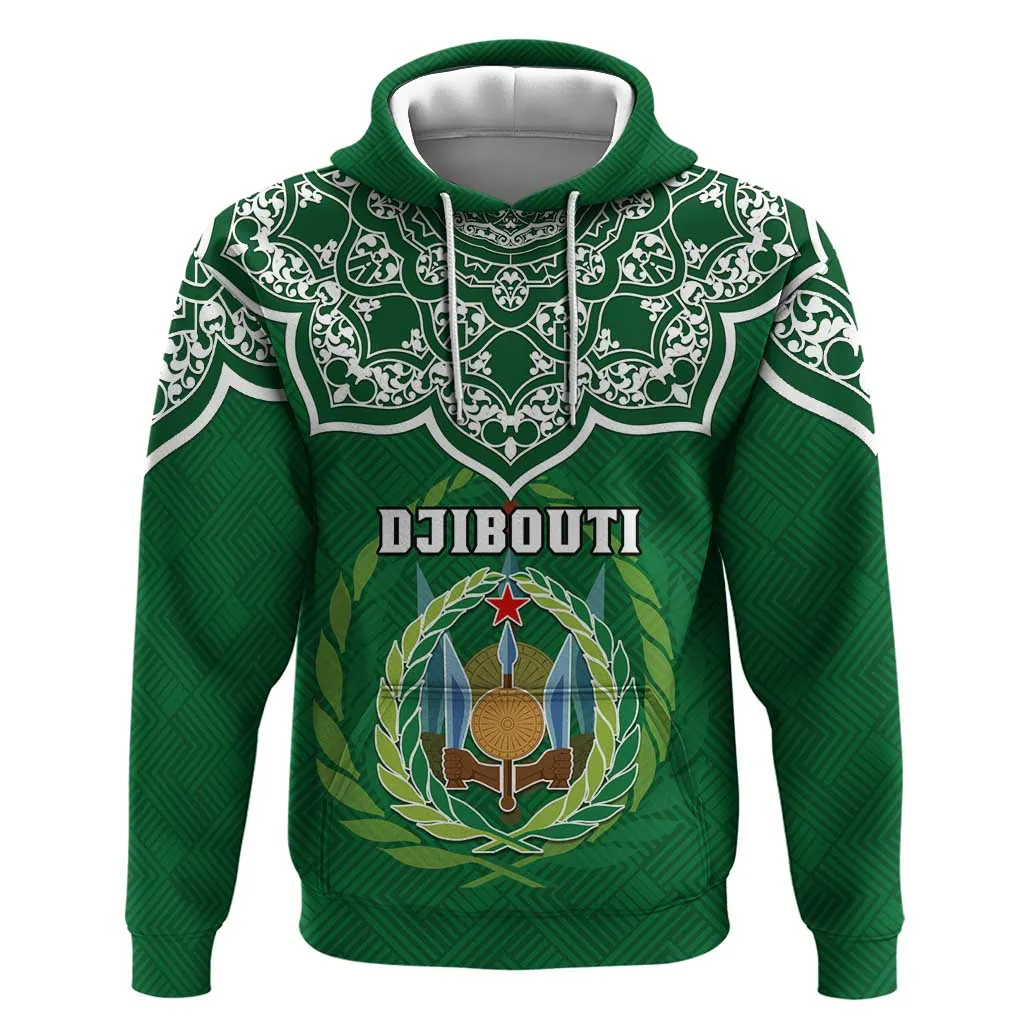 Custom Djibouti Hoodie with Jabuuti Emblem and Islamic Floral Circle LT01