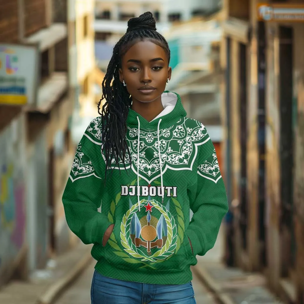 Custom Djibouti Hoodie with Jabuuti Emblem and Islamic Floral Circle LT01