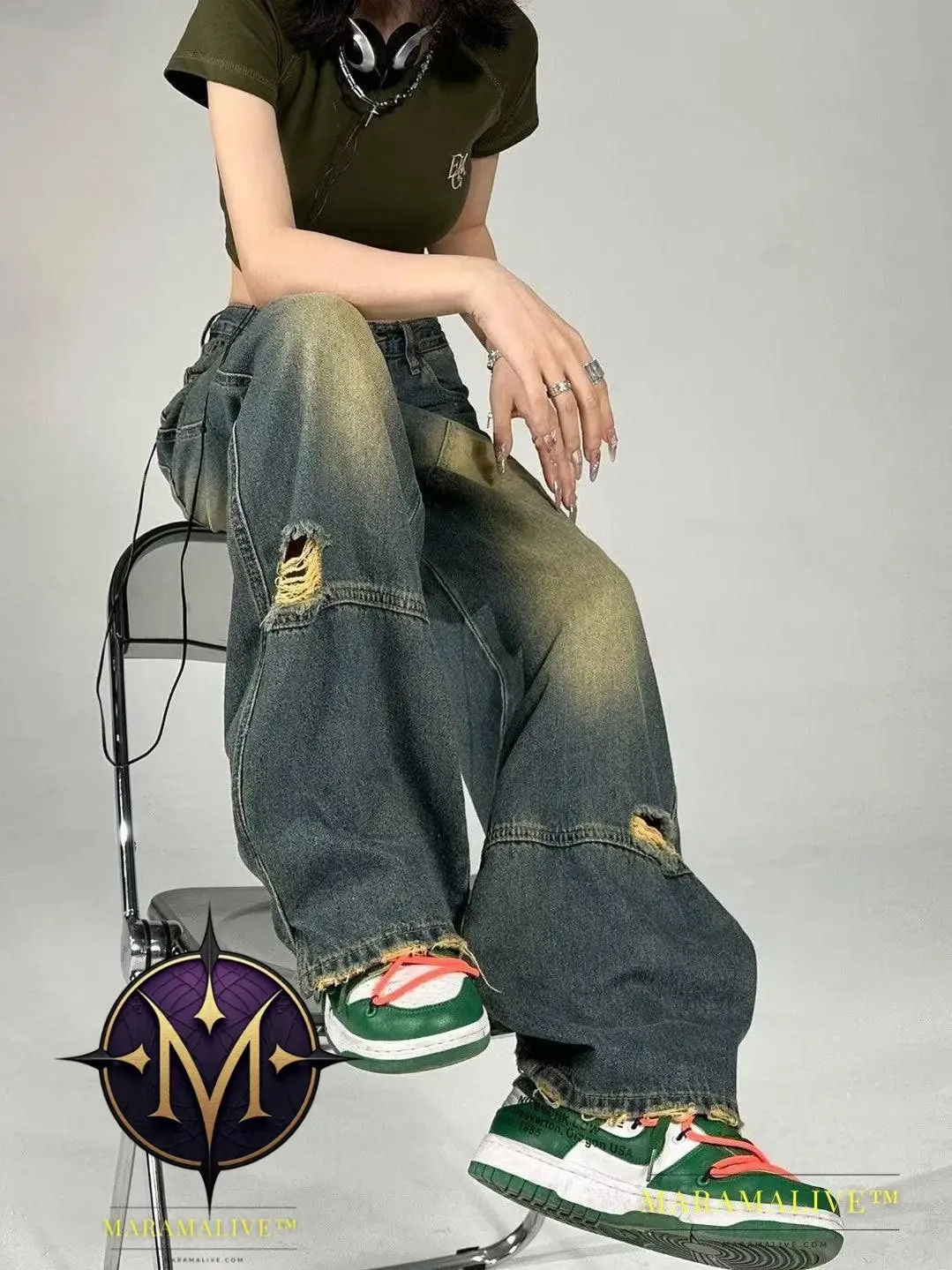 Dark Summer High Waist Washed All-match Wide Leg Pants