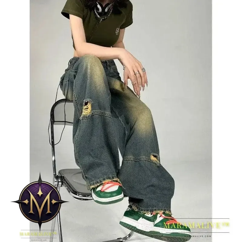 Dark Summer High Waist Washed All-match Wide Leg Pants