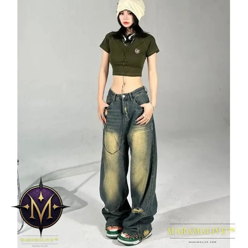 Dark Summer High Waist Washed All-match Wide Leg Pants