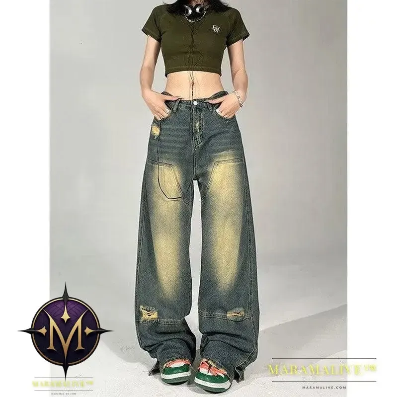 Dark Summer High Waist Washed All-match Wide Leg Pants