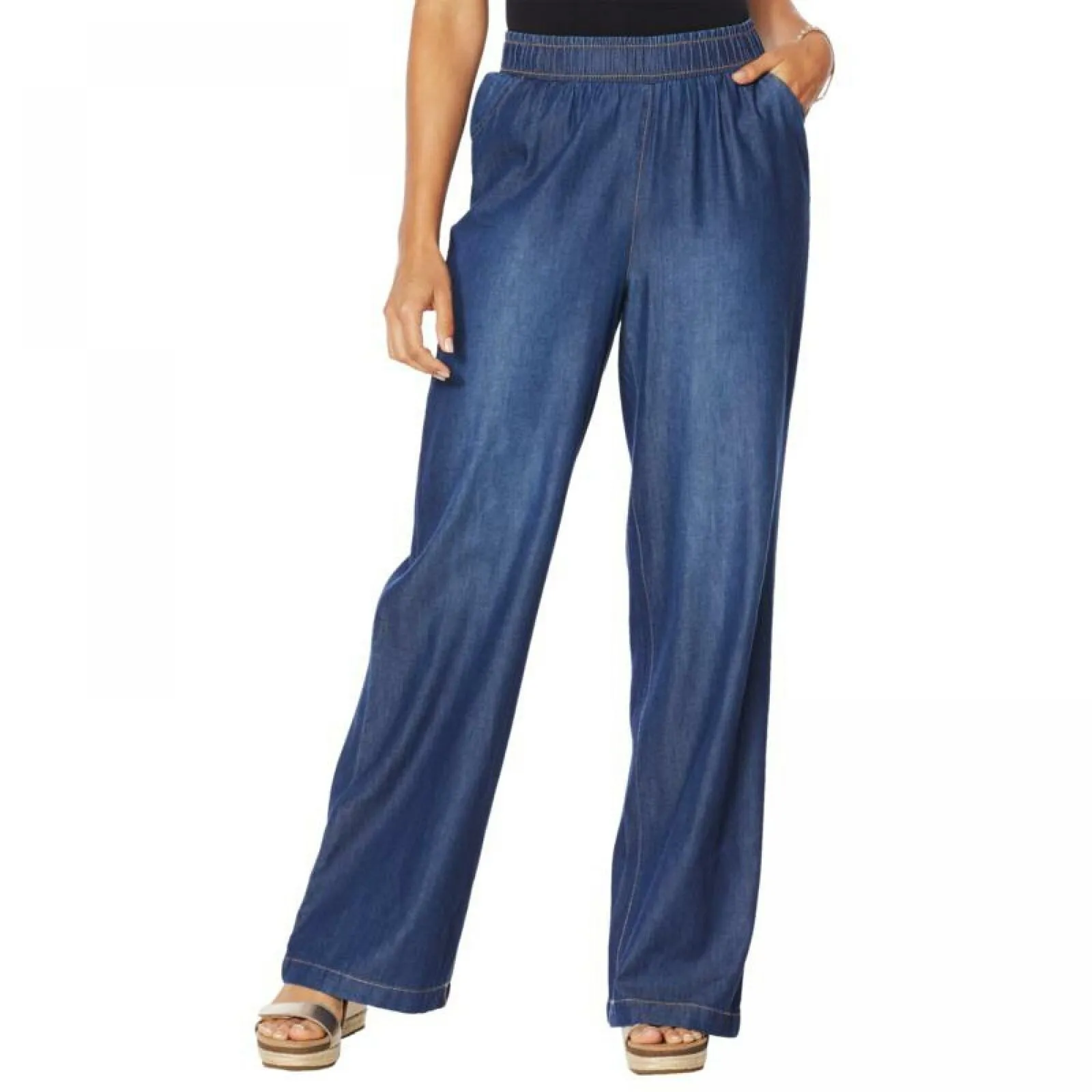 DG2 by Diane Gilman Women's Petite SoftCell Chambray Wide Leg Pants Indigo PS