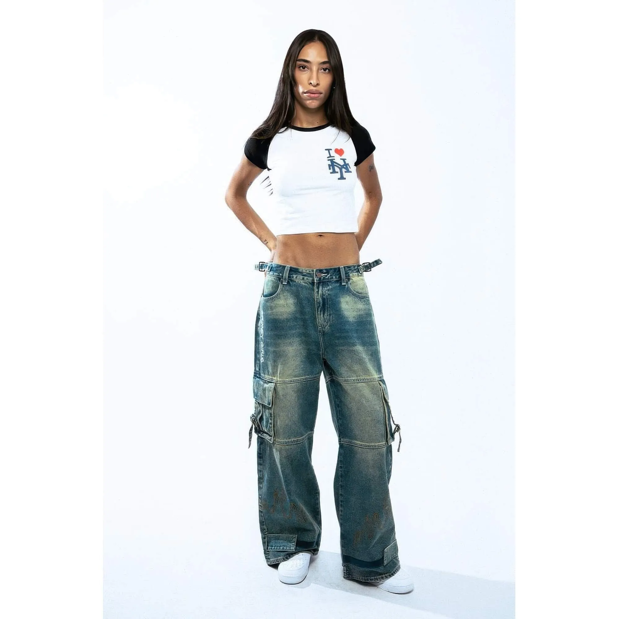 Dámske džínsy GRIMEY WEAR GIRLS BAGGY CARGO PANTS WASHED DARK BLUE modré