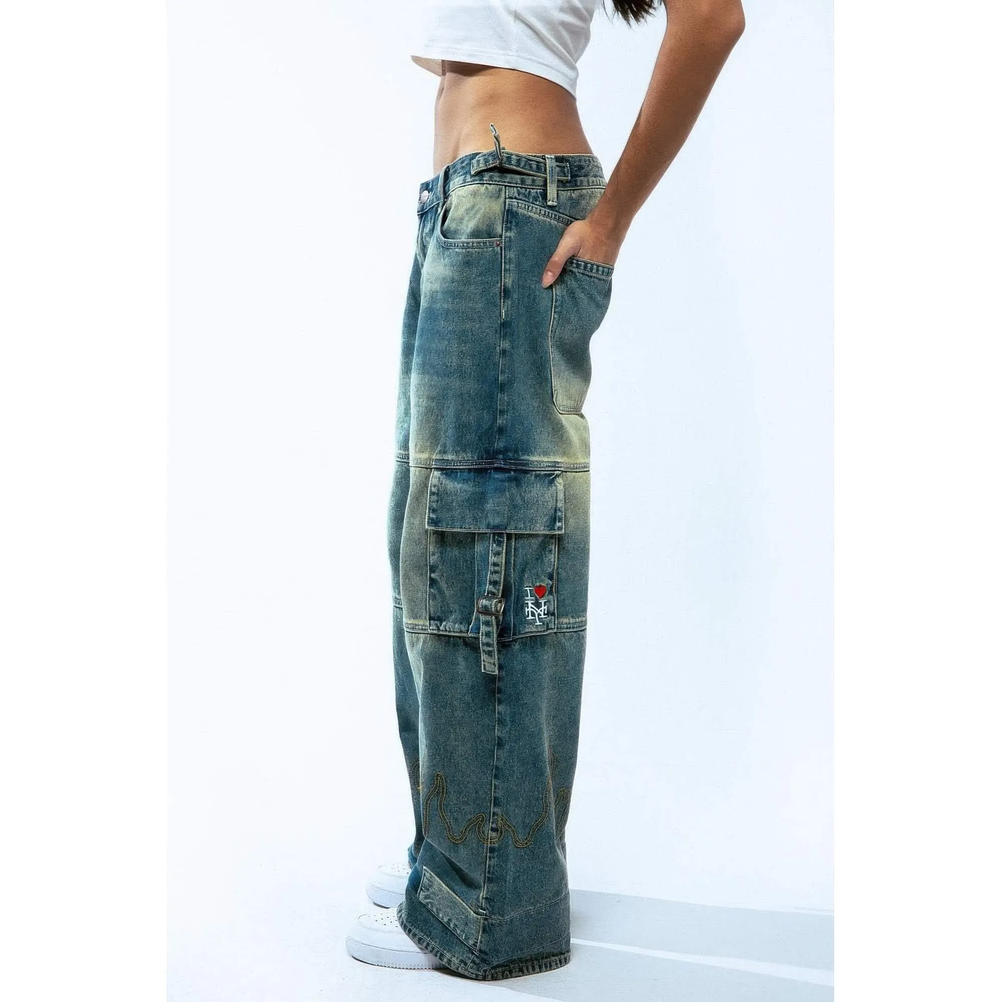 Dámske džínsy GRIMEY WEAR GIRLS BAGGY CARGO PANTS WASHED DARK BLUE modré