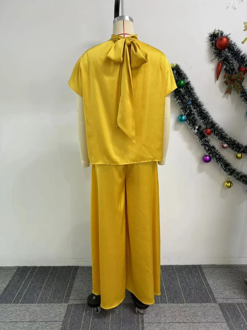 Elegant Satin Two-Piece Set with Wide Leg Pants
