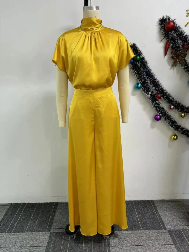 Elegant Satin Two-Piece Set with Wide Leg Pants