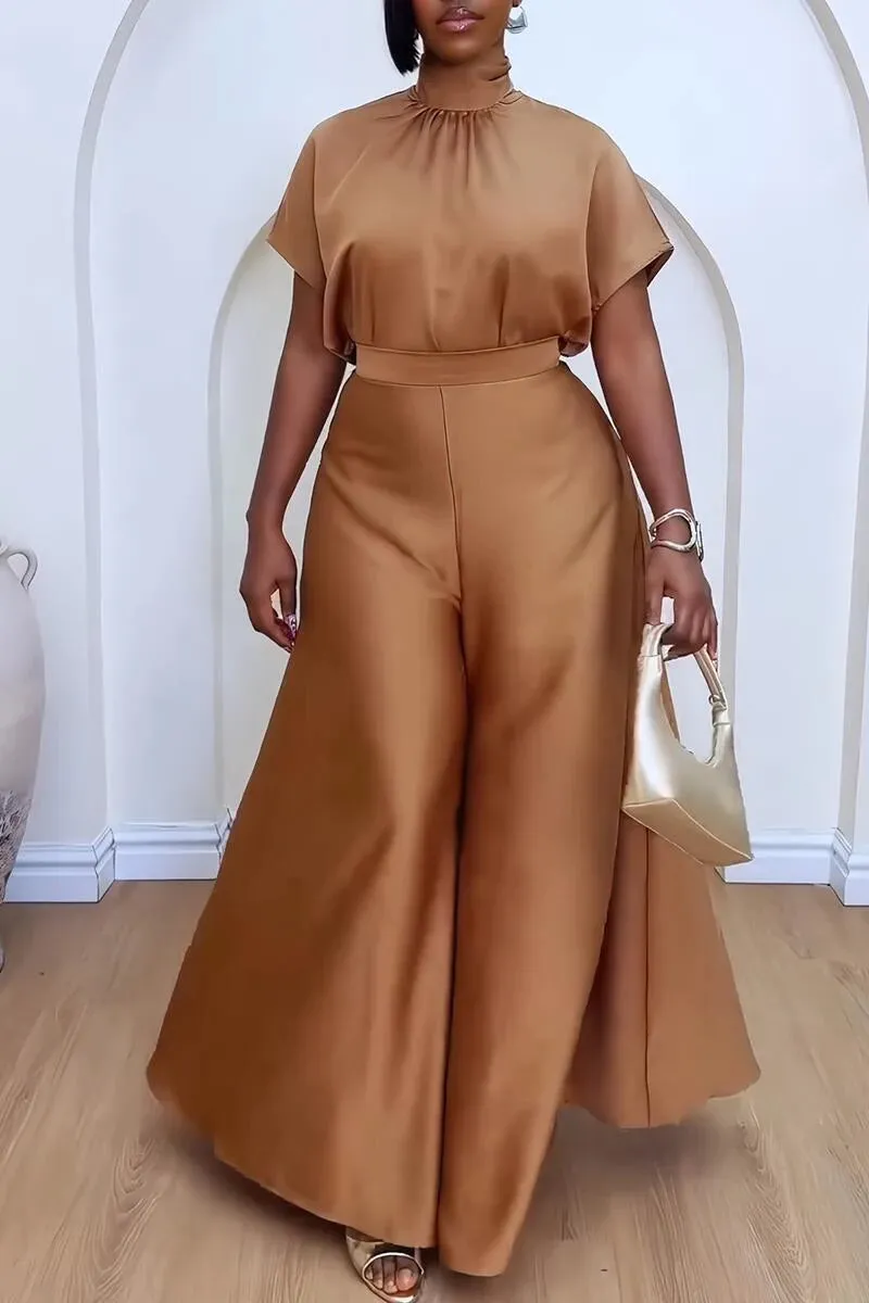 Elegant Satin Two-Piece Set with Wide Leg Pants
