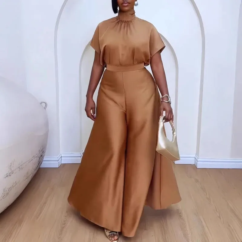 Elegant Satin Two-Piece Set with Wide Leg Pants