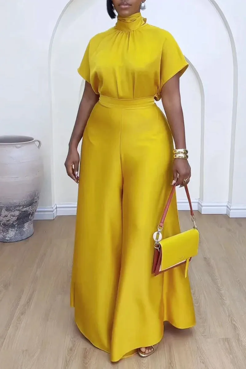 Elegant Satin Two-Piece Set with Wide Leg Pants
