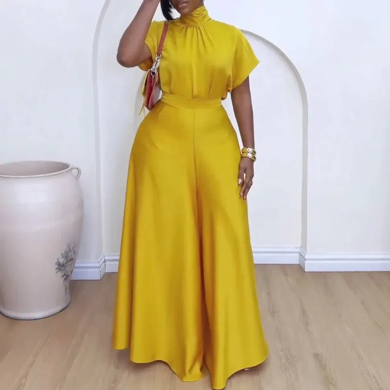 Elegant Satin Two-Piece Set with Wide Leg Pants