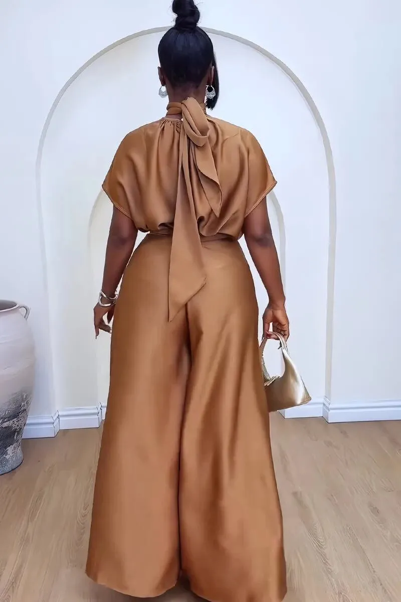 Elegant Satin Two-Piece Set with Wide Leg Pants