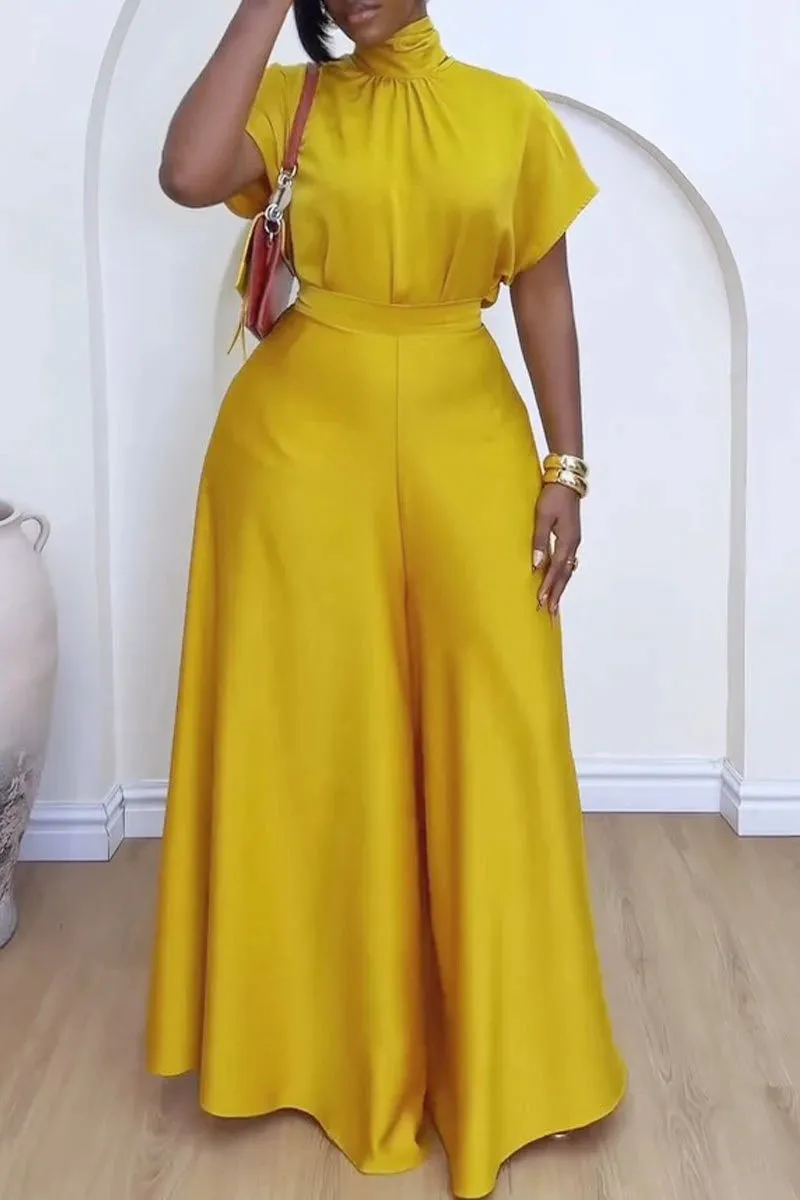 Elegant Satin Two-Piece Set with Wide Leg Pants