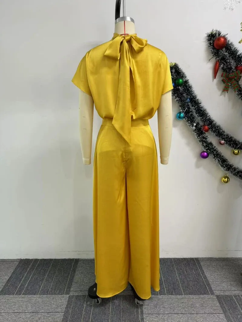 Elegant Satin Two-Piece Set with Wide Leg Pants