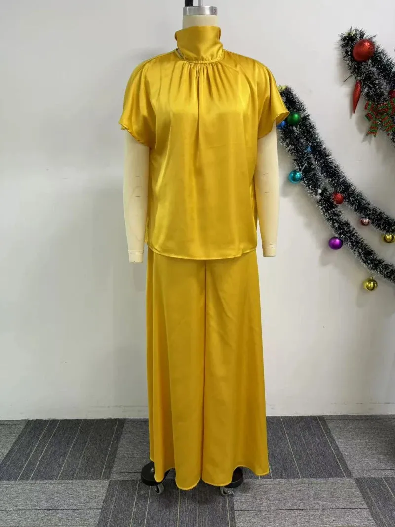 Elegant Satin Two-Piece Set with Wide Leg Pants