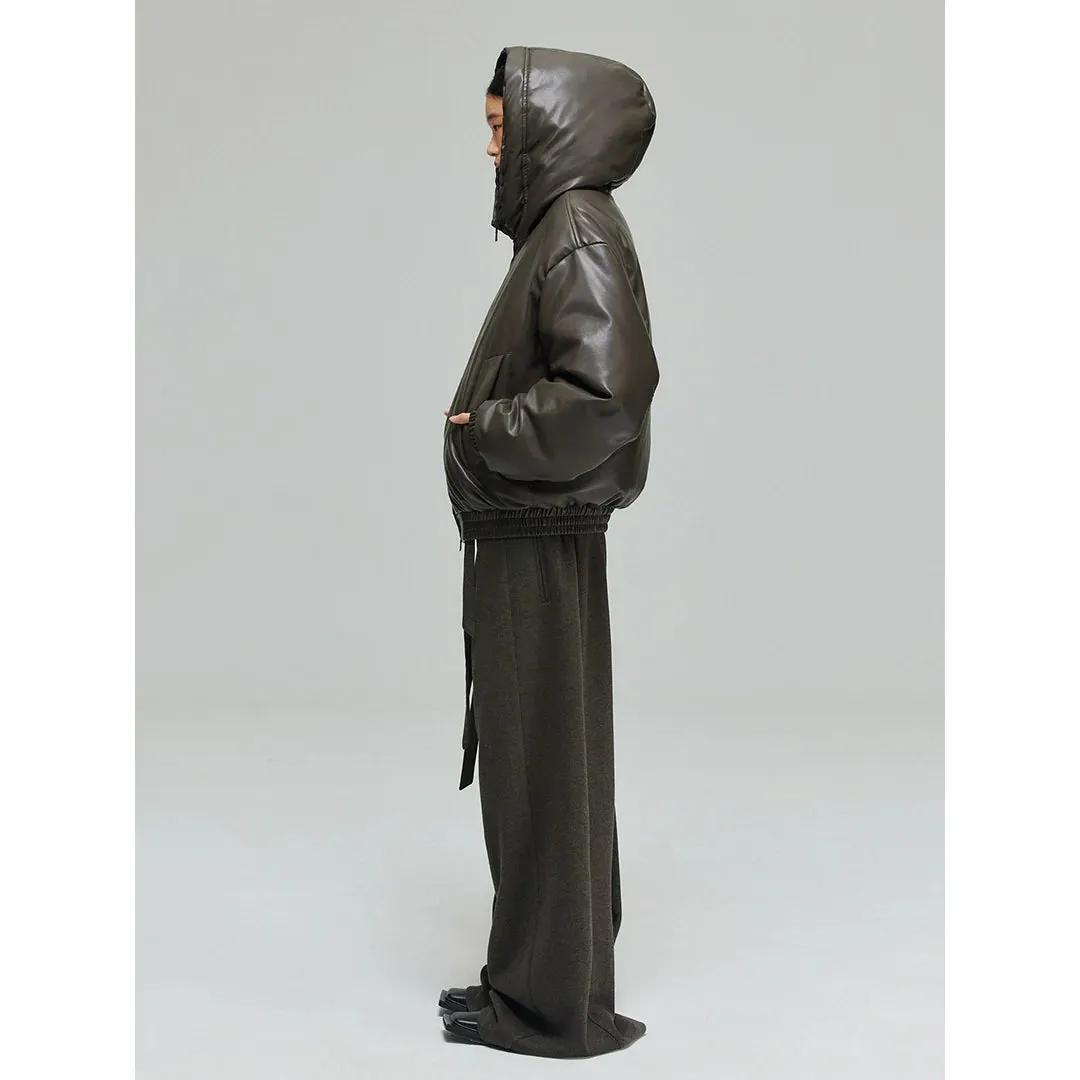 Faux Leather Hooded Puffer Jacket
