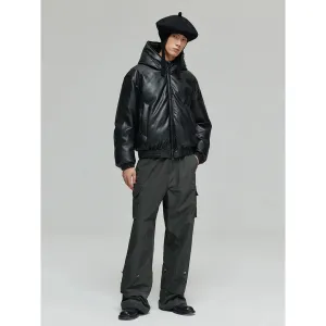 Faux Leather Hooded Puffer Jacket