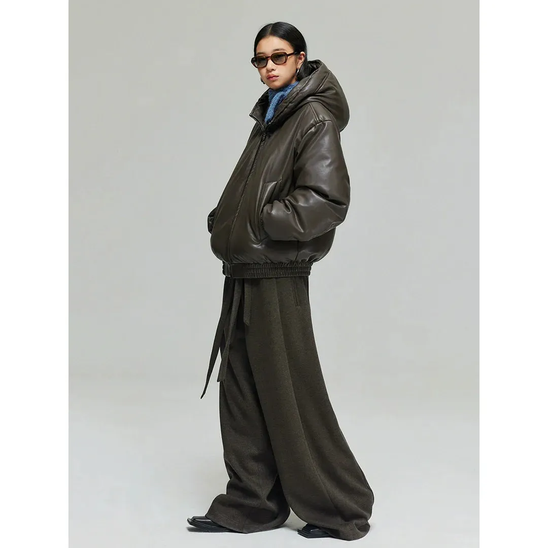 Faux Leather Hooded Puffer Jacket